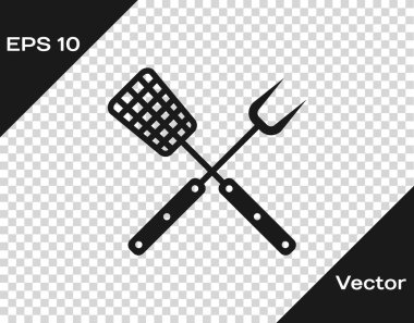 Gri Çapraz çatal ve spatula simgesi şeffaf arka plan üzerinde izole. Barbekü çatal ve spatula işareti. Barbekü ve ızgara aletleri. Vektör İllüstrasyonu