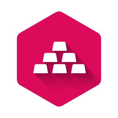 Beyaz altın külçeleri uzun gölgeli izole edilmiş. Bankacılık işi konsepti. Pembe altıgen düğmesi. Vektör İllüstrasyonu