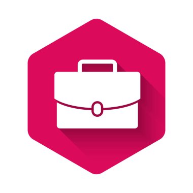 Beyaz Evrak Çantası simgesi uzun gölgede izole edildi. İş ilanı. İş portföyü. Pembe altıgen düğmesi. Vektör İllüstrasyonu