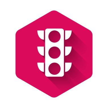 Beyaz trafik ışığı simgesi uzun gölgeli izole edildi. Pembe altıgen düğmesi. Vektör İllüstrasyonu