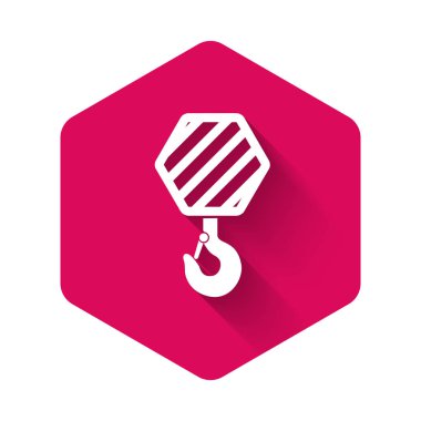 Beyaz Endüstriyel kanca ikonu uzun gölgeli izole edilmiş. Turna kancası ikonu. Pembe altıgen düğmesi. Vektör İllüstrasyonu