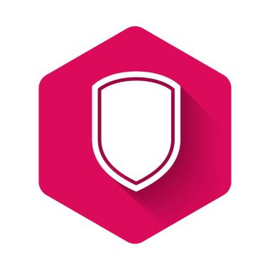 Beyaz Kalkan simgesi uzun gölgeli izole edilmiş. Gardiyan. Pembe altıgen düğmesi. Vektör İllüstrasyonu