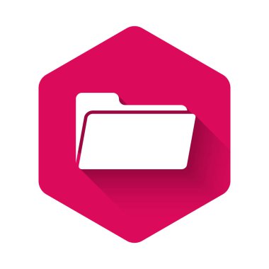 Beyaz Dizin simgesi uzun gölgeyle izole edildi. Pembe altıgen düğmesi. Vektör İllüstrasyonu