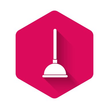 Boru temizleme ikonu için ahşap saplı, uzun gölgeli, beyaz kauçuk pompa. Tuvalet pompası. Pembe altıgen düğmesi. Vektör İllüstrasyonu