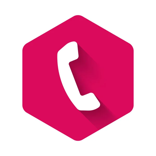 White Telephone handset icon isolated with long shadow. Phone sign. Pink hexagon button. Vector Illustration — 스톡 벡터