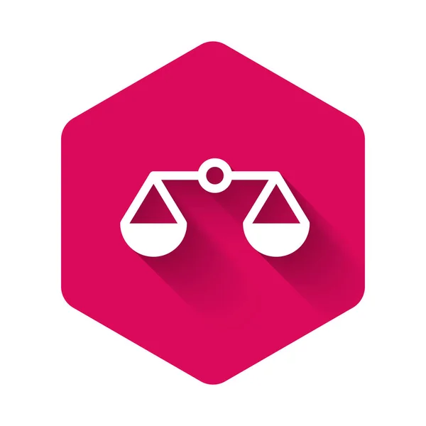 White Scales of justice icon isolated with long shadow. Court of law symbol. Balance scale sign. Pink hexagon button. Vector Illustration — Stock Vector