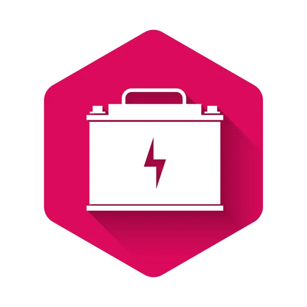 White Car battery icon isolated with long shadow. Accumulator battery energy power and electricity accumulator battery. Lightning bolt symbol. Pink hexagon button. Vector Illustration — 스톡 벡터