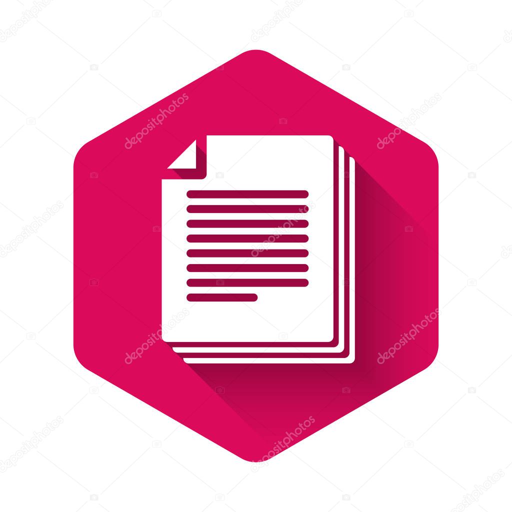 White Document icon isolated with long shadow. File icon. Checklist icon. Business concept. Pink hexagon button. Vector Illustration