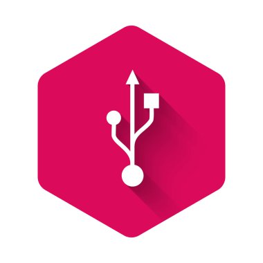 Beyaz Usb simgesi uzun gölgeli izole edilmiş. Pembe altıgen düğmesi. Vektör İllüstrasyonu