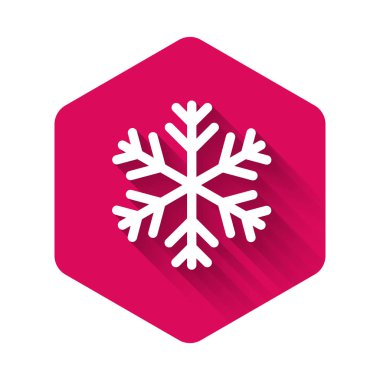 Whitesnowflake simgesi uzun gölgeli izole edilmiş. Pembe altıgen düğmesi. Vektör İllüstrasyonu