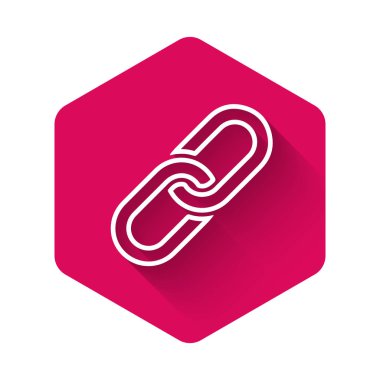 Beyaz zincir bağlantısı simgesi uzun gölgede izole edildi. Bağlantı bekar. Pembe altıgen düğmesi. Vektör İllüstrasyonu