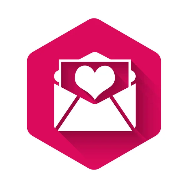 White Envelope with Valentine heart icon isolated with long shadow. Letter love and romance. Pink hexagon button. Vector Illustration — 스톡 벡터