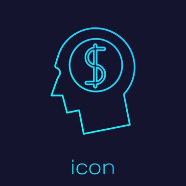 Turkuaz İş adam planlama zihin hattı simgesi mavi arka plan izole. Dolar sembolü olan insan kafası. Fikir para kazanmak için. İş yatırım büyüme kavramı. Vektör İllüstrasyonu