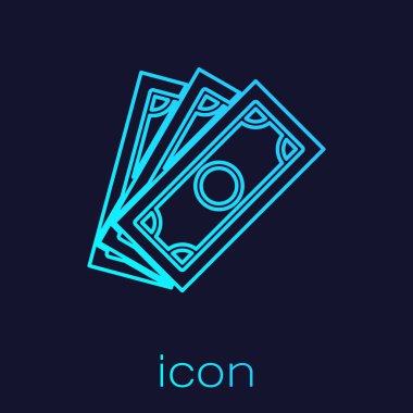 Turkuaz Yığınları kağıt para nakit çizgi simgesi mavi arka plan izole. Para banknotları yığınları. Fatura para birimi. Vektör İllüstrasyonu