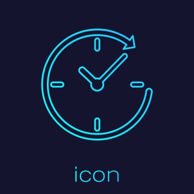 Mavi arka planda izole edilmiş ok çizgisi simgesine sahip Turkuaz Saat. Zaman sembolü. Saat yönünde döndürme simgesi ok ve zaman. Vektör İllüstrasyonu