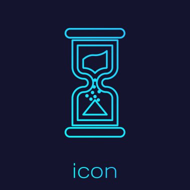 Mavi arka plan üzerinde izole akan kum çizgisi simgesi ile Turkuaz Eski kum saati. Kum saati işareti. İş ve zaman yönetimi kavramı. Vektör İllüstrasyonu