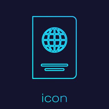 Mavi arka plan üzerinde izole biyometrik veri hattı simgesi ile Turkuaz Pasaport. Kimlik belgesi. Vektör İllüstrasyonu