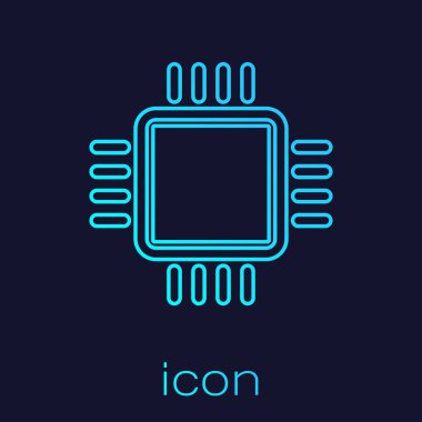 Mavi arka plan üzerinde izole mikrodevreler Cpu satır simgesi ile Turkuaz Bilgisayar işlemci. Devre kartı işareti ile chip veya cpu. Mikro işlemci. Vektör İllüstrasyonu