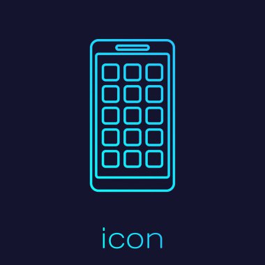 Mavi arka planda yalıtılmış Turkuaz Mobil Uygulamalar çizgi simgesi. Ekran simgeleri, uygulamaları ile akıllı telefon. ekran gösteren cep telefonu. Vektör İllüstrasyonu