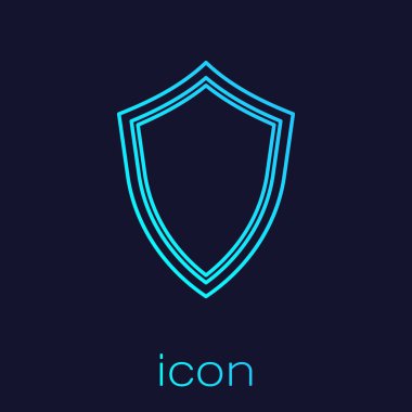 Turquoise Shield line icon isolated on blue background. Guard sign. Vector Illustration