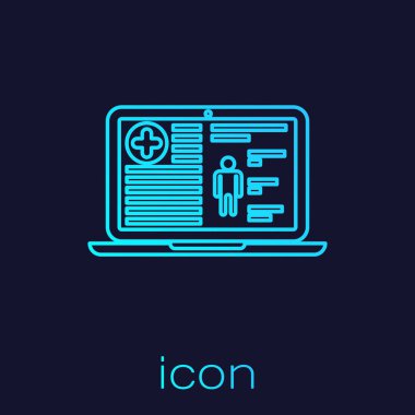 Mavi arka planda izole dizüstü çizgi simgesi turkuaz Tıp klinik kayıt. Sağlık sigortası formu. Belge reçete, tıbbi kontrol işaretleri raporu. Vektör İllüstrasyonu