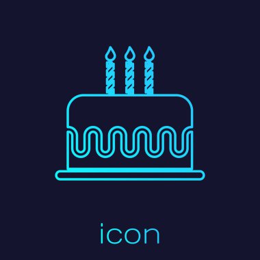 Turkuaz Kek yanan mumlar çizgi simgesi mavi arka plan üzerinde izole ile. Doğum günün kutlu olsun. Vektör İllüstrasyonu