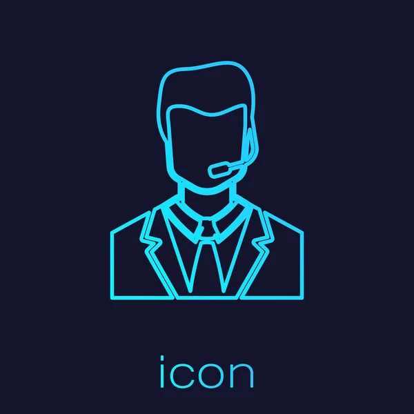 Turquoise man met een headset lijn icoon geïsoleerd op blauwe achtergrond. Support operator in contact. Concept voor Call Center, client support service. Vector illustratie — Stockvector