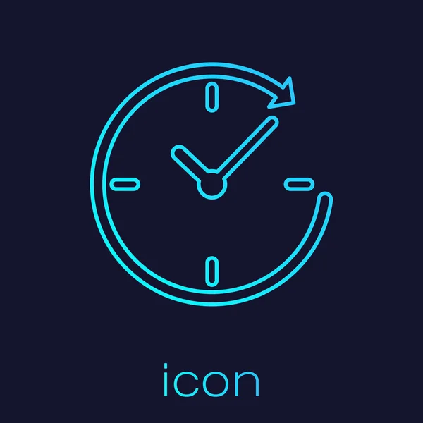 Reloj turquesa con icono de línea de flecha aislado sobre fondo azul. Símbolo de tiempo. Flecha del icono de rotación en sentido horario y tiempo. Ilustración vectorial — Vector de stock