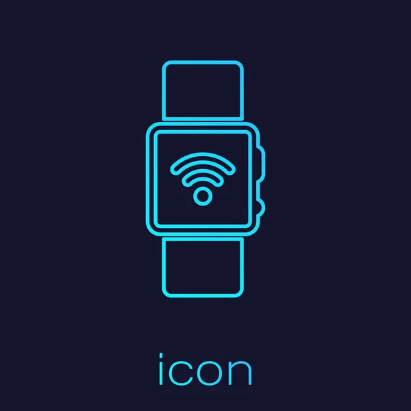 Reloj inteligente turquesa con icono de línea de símbolo inalámbrico aislado sobre fondo azul. Ilustración vectorial — Vector de stock