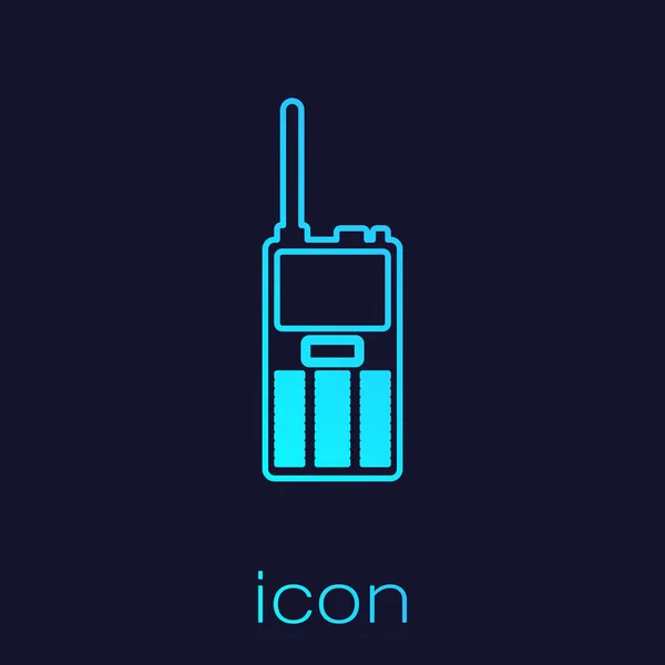 Turquesa Walkie talkie línea icono aislado sobre fondo azul. Icono del transmisor de radio portátil. Señal del transceptor de radio. Ilustración vectorial — Vector de stock