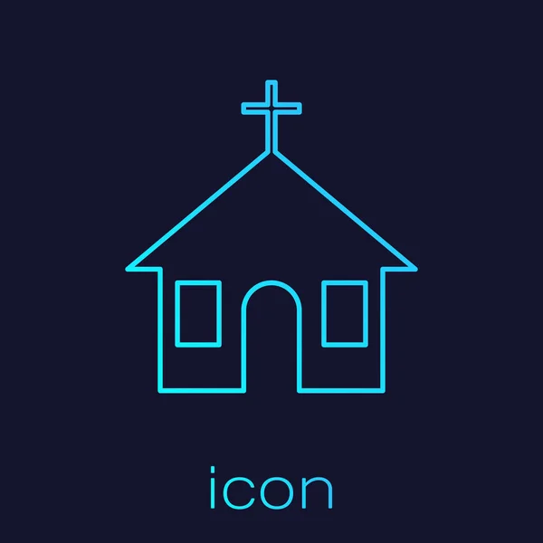 Icono de la línea de construcción de la iglesia turquesa aislado sobre fondo azul. Iglesia Cristiana. Religión de la iglesia. Ilustración vectorial — Vector de stock