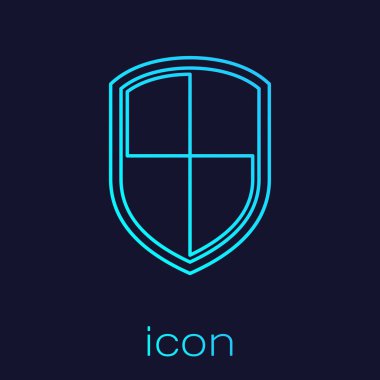 Turquoise Shield line icon isolated on blue background. Guard sign. Vector Illustration