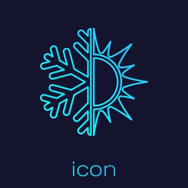 Turkuaz Sıcak ve soğuk sembolü. Güneş ve kar tanesi çizgi simgesi mavi arka plan üzerinde izole. Kış ve yaz sembolü. Vektör İllüstrasyonu