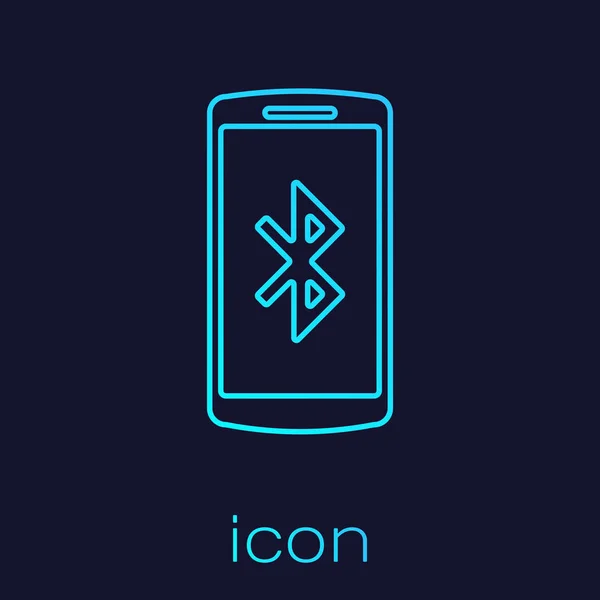 Smartphone turquesa con icono de línea de símbolo del bluetooth aislado sobre fondo azul. Ilustración vectorial — Vector de stock