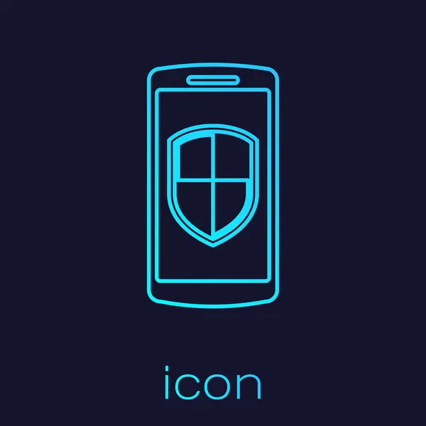 Turkusowy smartphone, telefon komórkowy z zabezpieczeniami tarcza ikona linii izolowane na niebieskim tle. Ilustracja wektorowa — Wektor stockowy