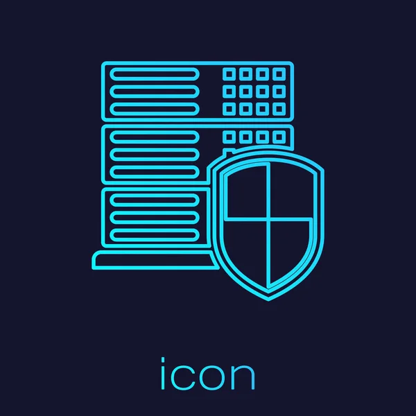 Turquoise Server with shield line icon isolated on blue background. Protection against attacks. Network firewall, router, switch or server, data, center. Vector Illustration — Stock vektor