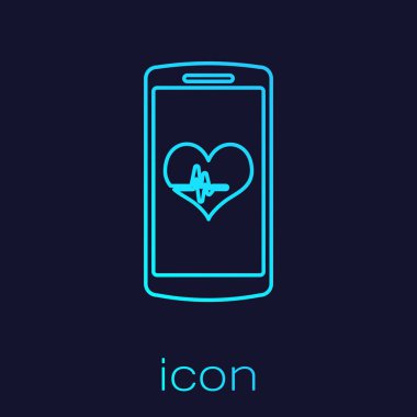 Mavi arka planda izole edilmiş kalp hızı monitör fonksiyon çizgisi simgesine sahip Turkuaz Akıllı Telefon. Vektör İllüstrasyonu