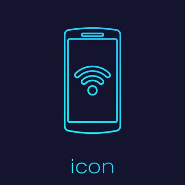 Mavi arka planda izole ücretsiz wi-fi kablosuz bağlantı hattı simgesi ile Turkuaz Smartphone. Kablosuz teknoloji, wi-fi bağlantısı, kablosuz ağ, etkin nokta kavramları. Vektör İllüstrasyonu