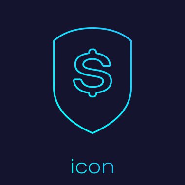 Turquoise Shield and dollar line icon isolated on blue background. Security shield protection. Money security concept. Vector Illustration