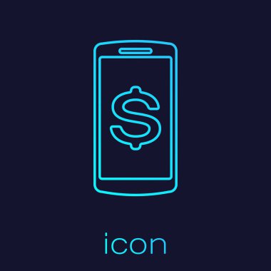 Mavi arka planda izole dolar sembol çizgi simgesi ile Turkuaz Smartphone. Online alışveriş konsepti. Finansal cep telefonu simgesi. Çevrimiçi ödeme simgesi. Vektör İllüstrasyonu