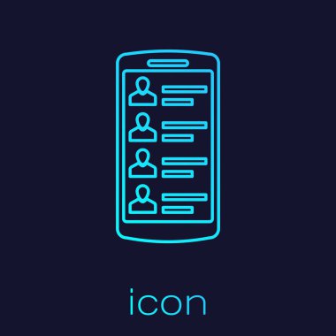 Mavi arka planda izole edilmiş ekran çizgisi simgesinde kişileri olan Turkuaz Akıllı Telefon. Gelen arama. Telefon ekranındaki insanlar. İletişimi arayın. Vektör İllüstrasyonu