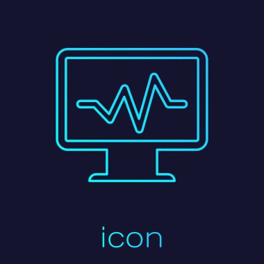 Mavi arka plan üzerinde izole kardiyogram çizgi simgesi ile Turkuaz Bilgisayar monitör. İzleme simgesi. Kalp atışı eli çizilmiş Ekg monitör. Vektör İllüstrasyonu