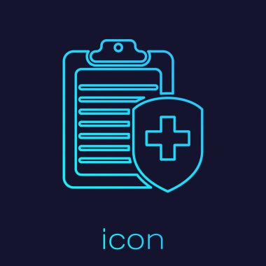 Mavi arka plan üzerinde izole sağlık sigortası çizgi simgesi ile Turkuaz Pano. Hasta koruma. Pano ve kalkan bir sembol sigorta olarak bir haç ile. Vektör İllüstrasyonu