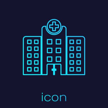 Turkuaz Tıp hastane binası çapraz çizgi simgesi mavi arka plan üzerinde izole ile. Tıp merkezi. Sağlık. Vektör İllüstrasyonu