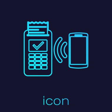 Baskılı reciept ile Turkuaz Pos terminali ve mavi arka plan üzerinde izole akıllı telefon hattı simgesi ile ödeme onaylar. Nfc ödeme konsepti. Vektör İllüstrasyonu