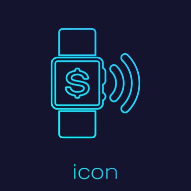 Mavi arka planda yalıtılmış Turkuaz Temassız ödeme satırı simgesi. Kablosuz temassız işlemler yapan nfc teknolojisine sahip smartwatch. Vektör İllüstrasyonu