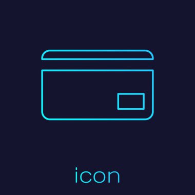 Mavi arka planda yalıtılmış Turkuaz Kredi kartı satır simgesi. Online ödeme. Nakit para çekme. Finansal operasyonlar. Alışveriş tabelası. Vektör İllüstrasyonu