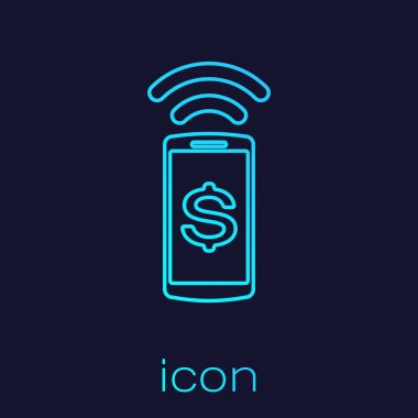 Mavi arka planda yalıtılmış Turkuaz Temassız ödeme satırı simgesi. Mobil cüzdan teknolojisi, nfc, akıllı telefon ile kablosuz ödeme. Vektör İllüstrasyonu