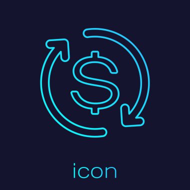 Mavi arka planda izole yatırım hattı simgesi turkuaz dönüş. Para dönüştürme simgesi. İade işareti. Dolar dönüştürücü kavramı. Vektör İllüstrasyonu