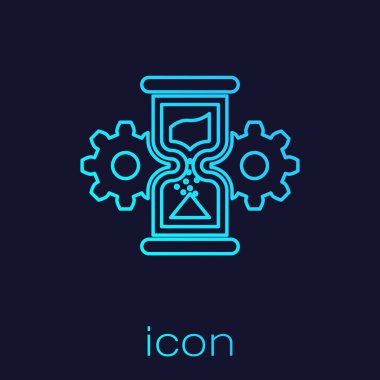 Turkuaz Kum Saati ve dişli hattı simgesi mavi arka plan üzerinde izole. Zaman Yönetimi sembolü. Saat ve vites simgesi. İş konsepti. Vektör İllüstrasyonu